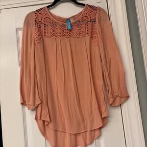 Buttons Peach Embroidered Boho Lace Inset Top Blouse XS. Long Sleeve. Casual